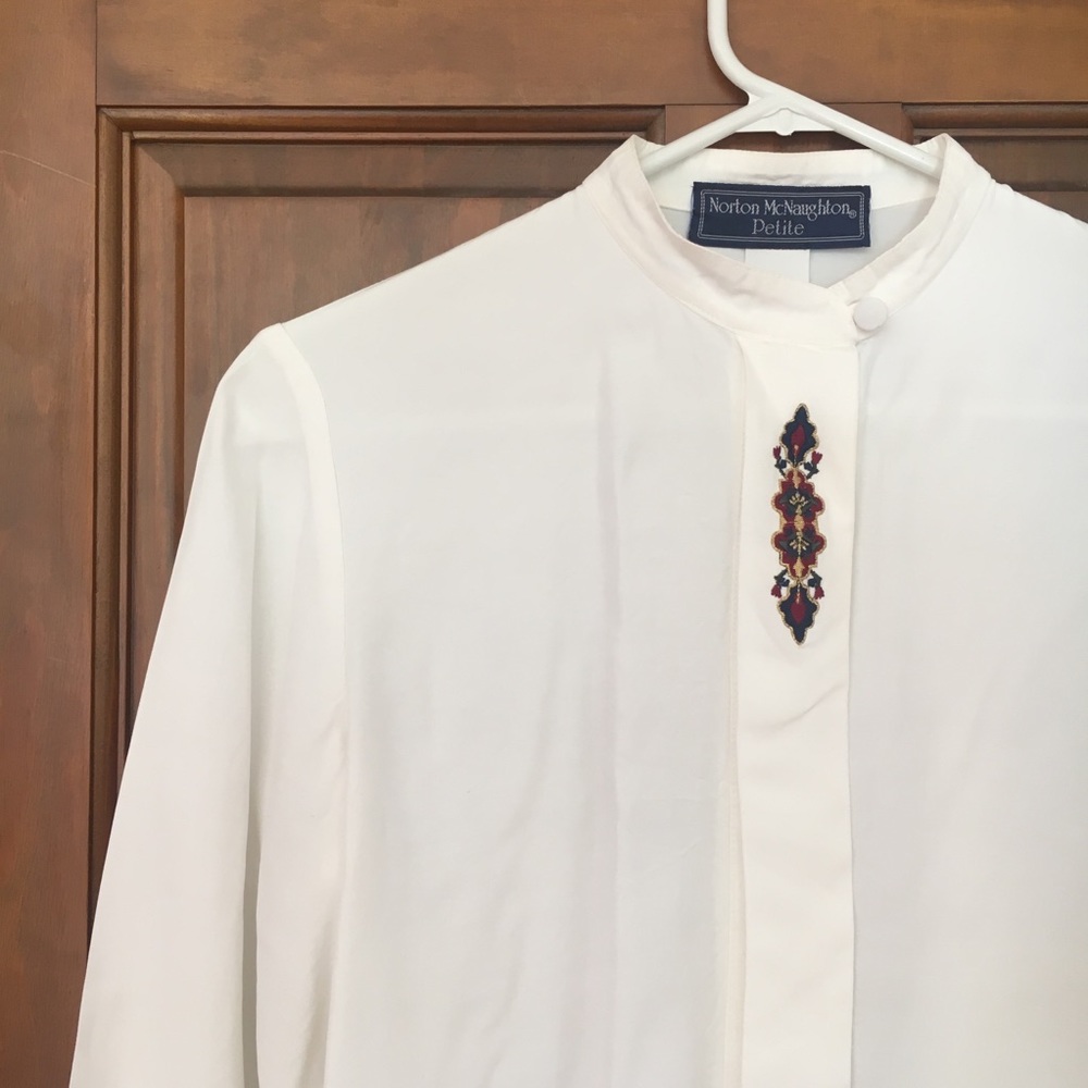 Vintage Long Sleeve Blouse Petite Shirt Embroidered Mock Neck Norton McNaughton